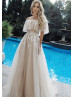 Off Shoulder Ivory Lace Champagne Tulle Wedding Dress